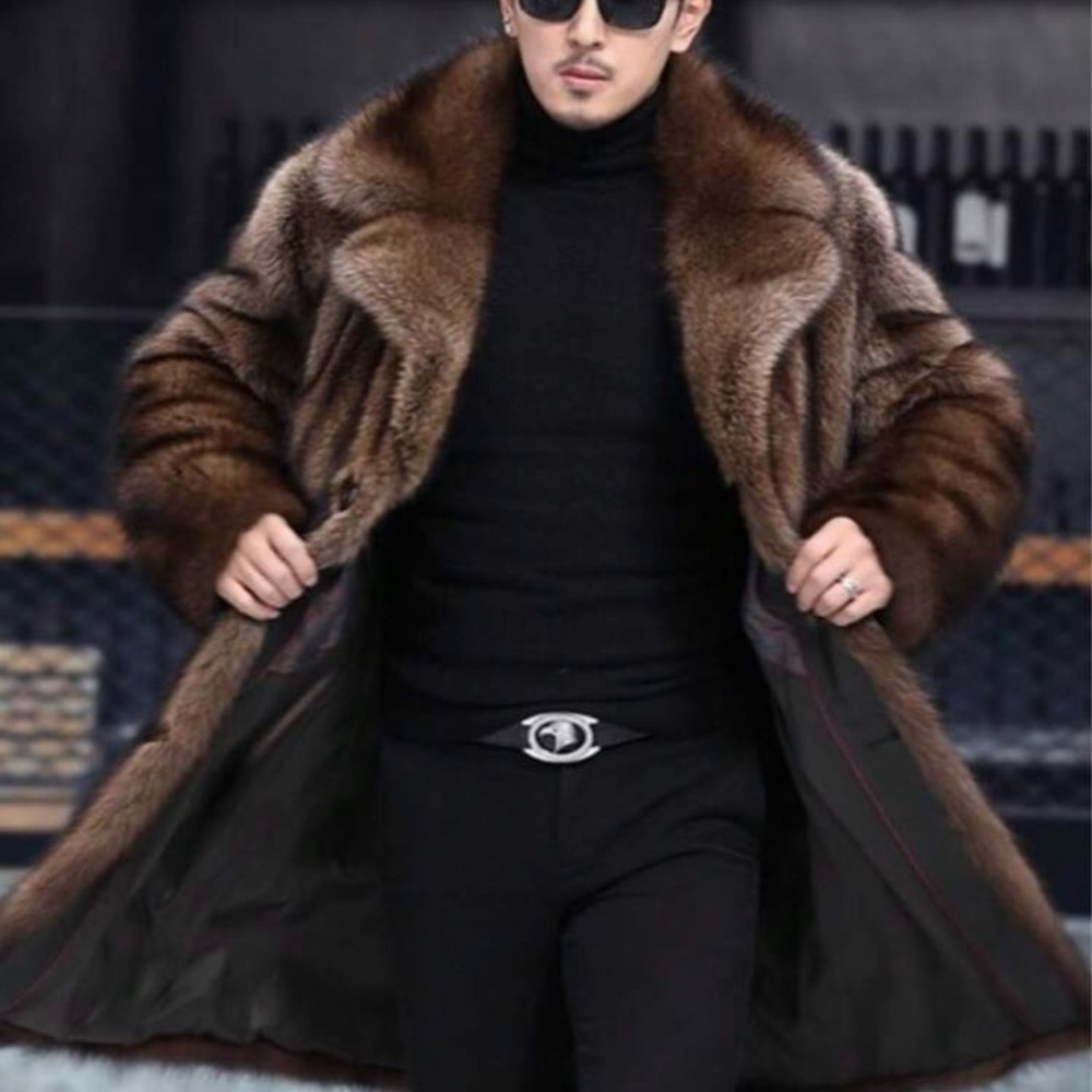 Men's Brown Faux Fur Long Coat - Luxury Winter Jacket size M